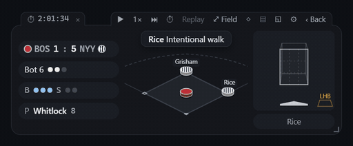 Basesmall replaying a game: pieces on the bases, the count, a numbered pitch in the strike zone, then a three-run home run.